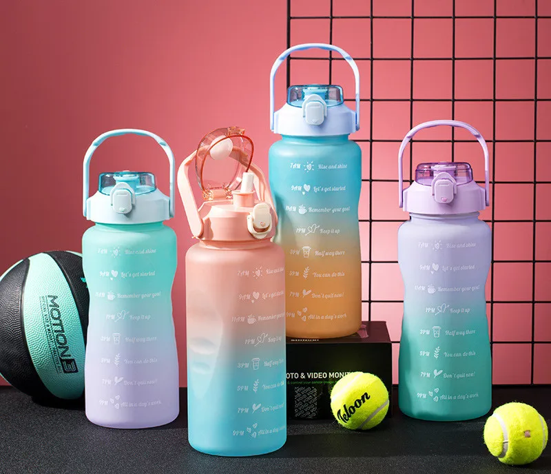 

C208 Outdoor Frosted Water Bottle Plastic Cups 2 Liter Large Capacity Water Bottle With Time Marker Fitness Water Bottle