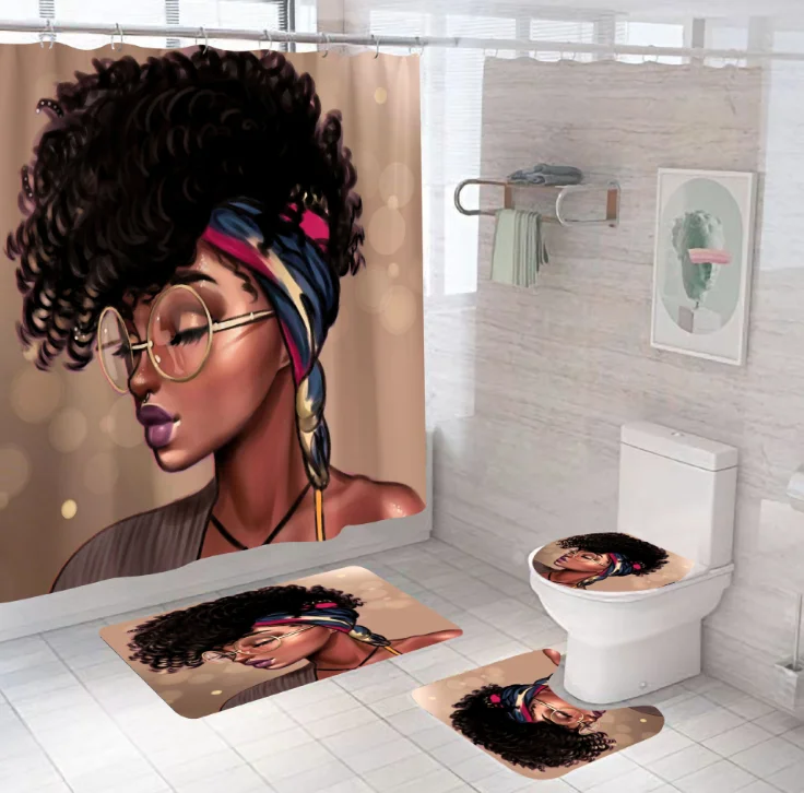 

2021 Popular African Black Girl 3D Digital Printing 4PCS Waterproof Bathroom Shower Curtain Sets