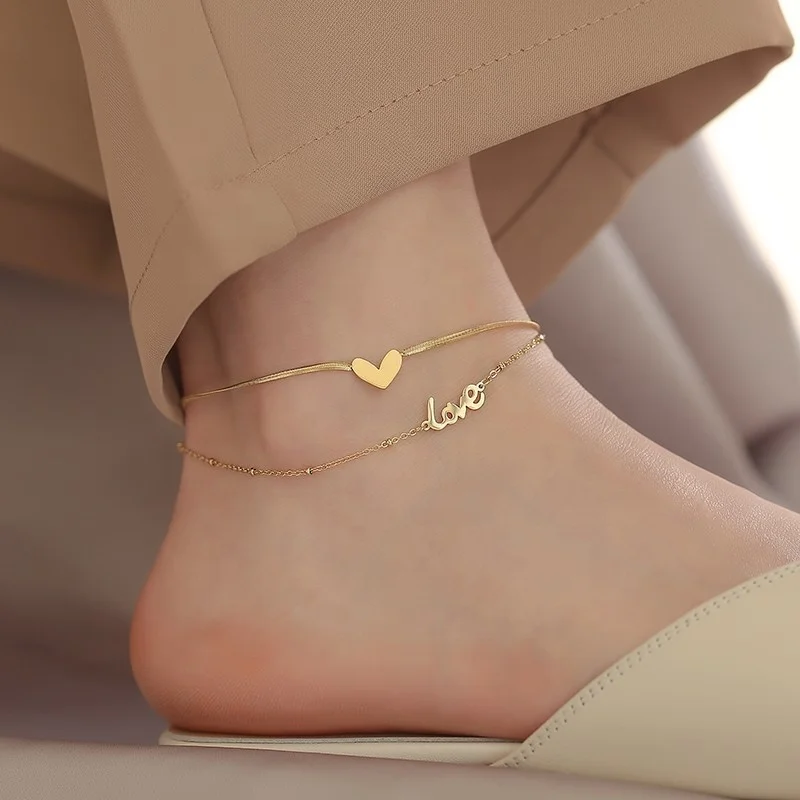 

VEROMCA 18k Gold Plated Double Layer Stainless Steel Anklet Female Heart flat Snake Anklet