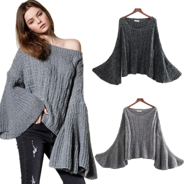 

wholesale Off the shoulder large trumpet sleeves soft mohair Christmas sweater for women oversize solid blouses top