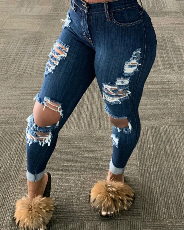 

2020 New Women's Jeans Ripped Fitness Denim Jeans Tight Destroyed Ladies Jeans Trousers