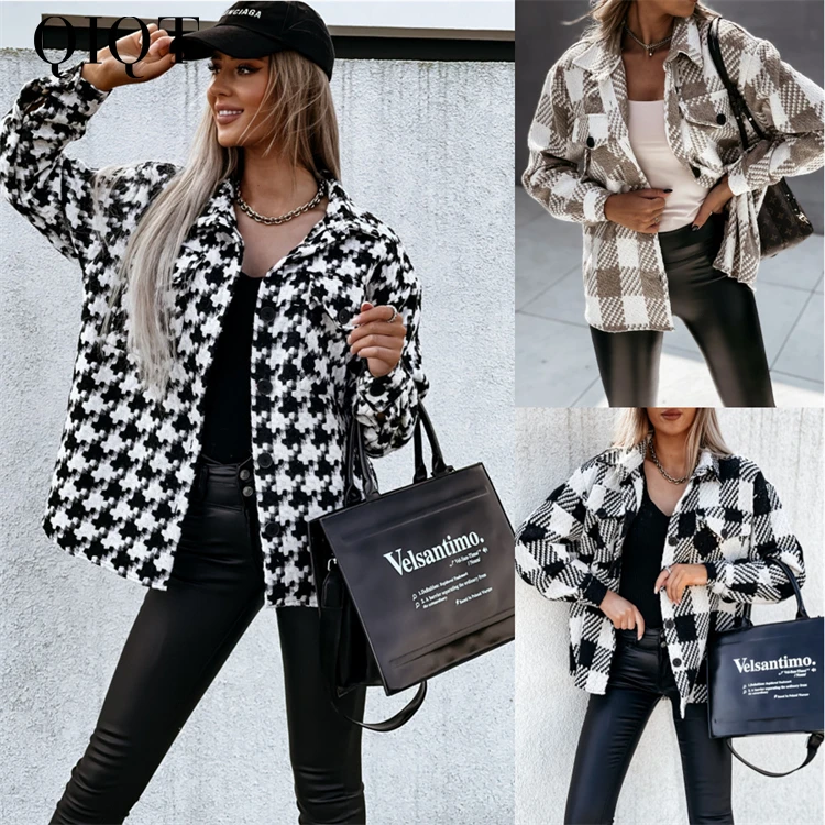 

Trendy Fall Winter Clothes 2021 Women Streetwear Lapel Long Sleeve Loose Woolen Plaid Check Jacket Shirt she in, Picture