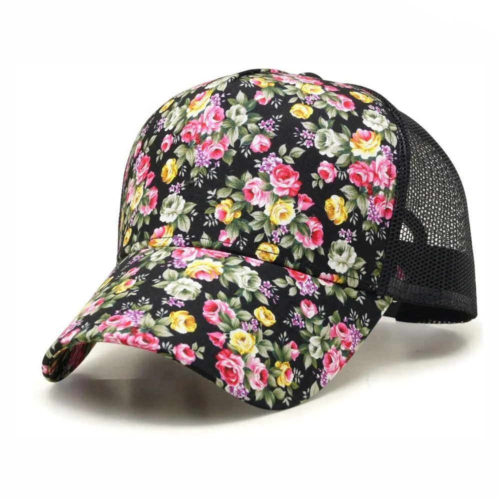 

OEM flowers pattern printed quality polyester plain baseball cap blank mesh trucker hat custom logo black trucker caps for women