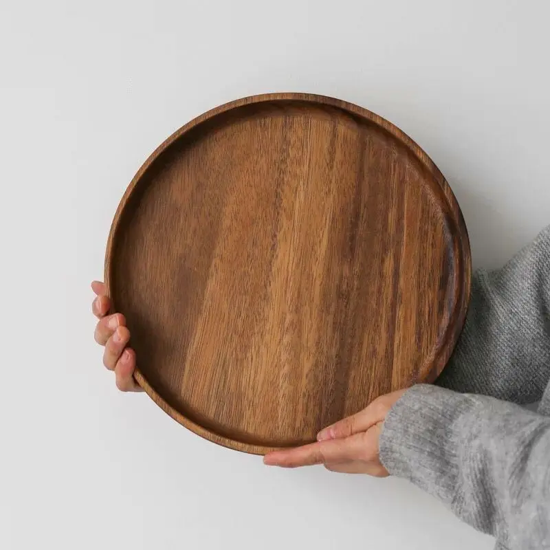 

wholesale nordic hot sale cheap rubber solid wood food fruit serving charger plate round acacia wooden plate, Wood color