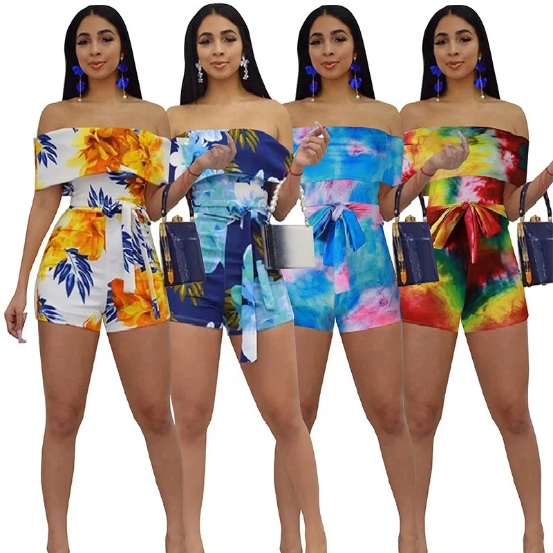 

Women Short Bodycon Romper Off Shoulder Bodysuit Tie Dye Outfit Jumpsuit, 4 colors