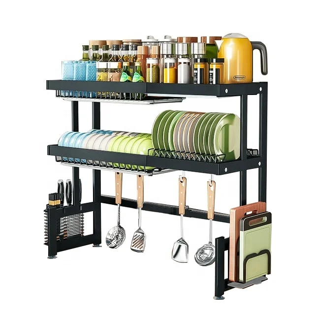 

kitchen organizer 2 tiers dish drying rack over sink length is adjustable stainless steel drainer shelf, Black