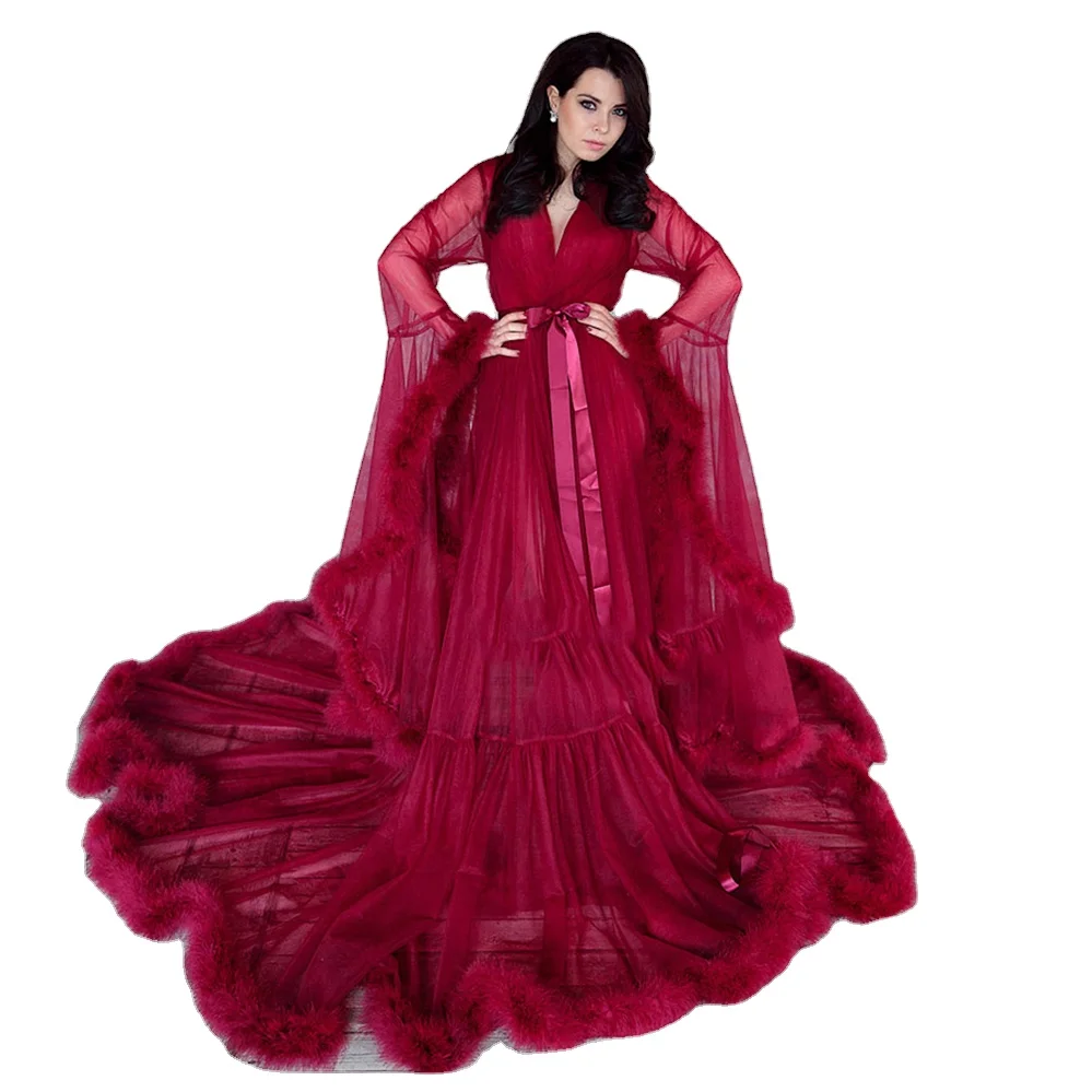

women clothing sexy Net yarn transparent pajamas Turkey Feather Robe