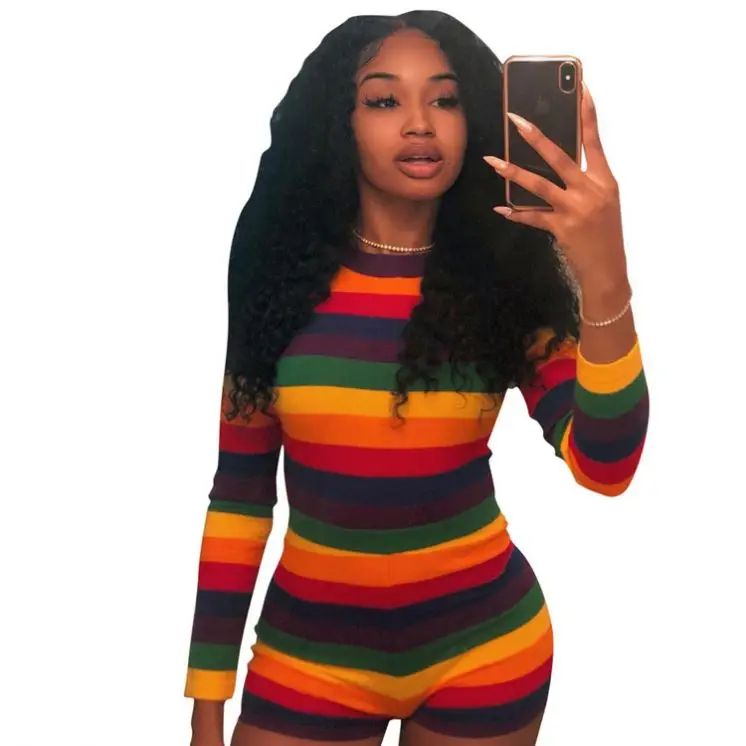 

0720M004 Fitness Sexy Casual Striped V-neck Women Jumpsuits And Rompers One Piece Short Bodycon