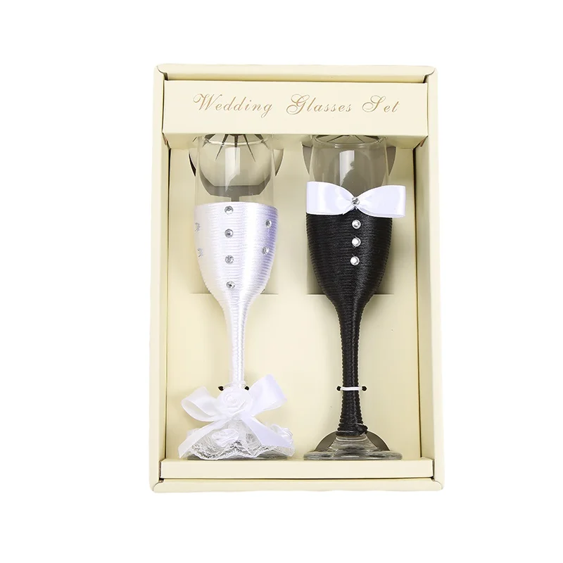

Personalized Hand Wrapped Ribbon Gift Box Bride and Groom Wedding Champagne Glasses, Customized color