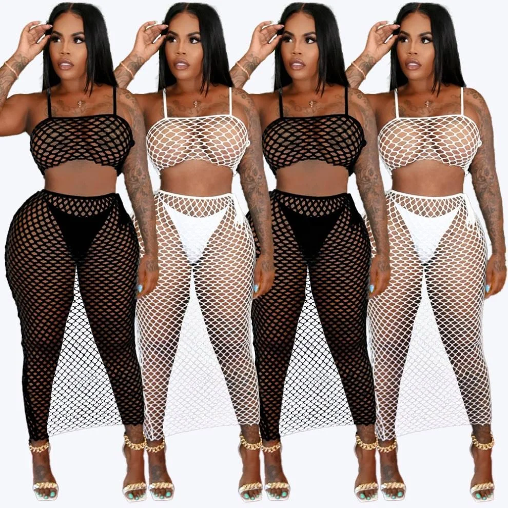 

High Quality Sheer Layer hole Backless Summer 2021 fashion solid color mesh dress women's two piece skirt set, As picture or customized make