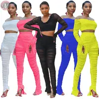 

9090530 newest design full sleeve solid pleated mesh sexy transparent fashion jumpsuits two piece sets for women