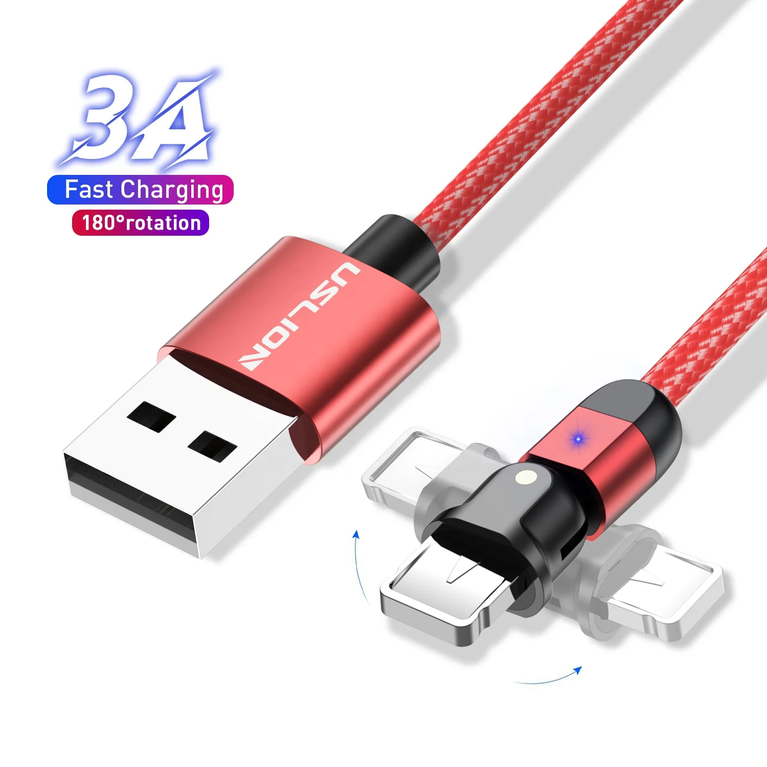 

USLION 180 Rotate USB data cable 8pin for apple charger for iphone charger 6 7 8 XR 11 12 Fast Charging USB cable, Black red purple silver
