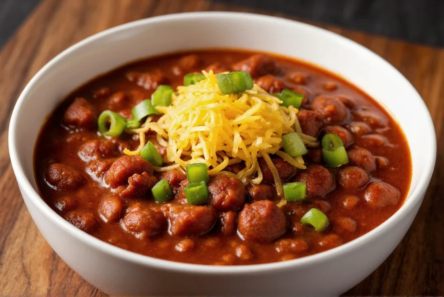 Perfectly thick chili in bowl with toppings