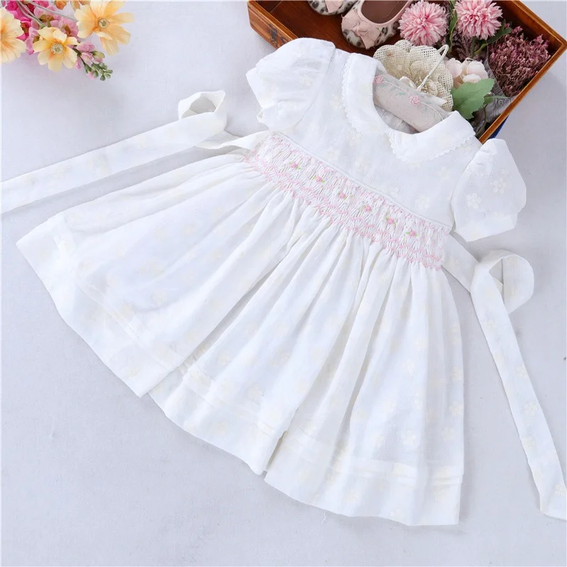 

B26567 summer white infant baby girls' smocking dresses flower children clothing hand made embroidery kids clothes wholesale