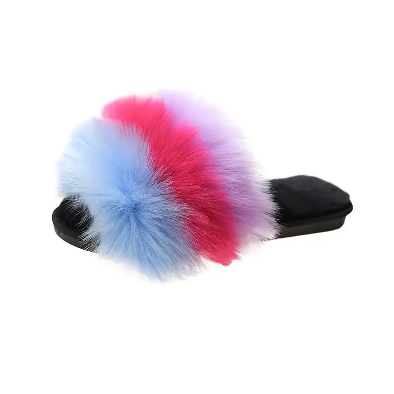 

High Quality Women Outdoor Flat Anti Slip Slipper Colorful Furry Slides Slippers, As picture