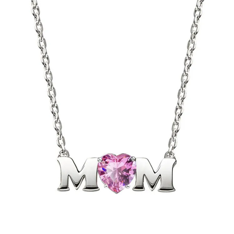 

New Mom Mother'S Day Necklace Pink Heart-Shaped Zircon Letter Necklace Mother Clavicle Chain Gift Jewelry, Silver, gold