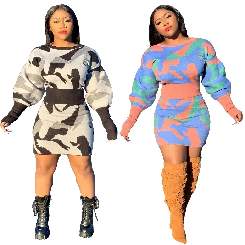 

B16007A 2021 Spring New fashion digital print 2 PCS women casual dress, Shown