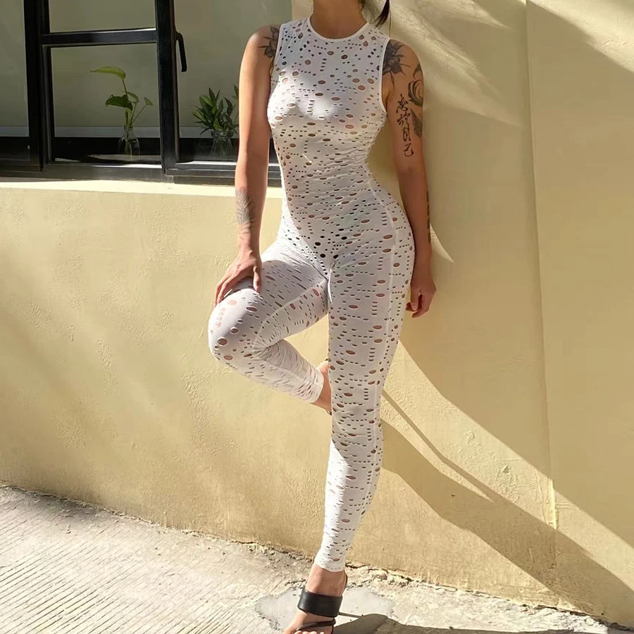 

K22Q14406 Hollow One Piece Jumpsuit See Through Skinny Sleeveless Women Jumpsuits