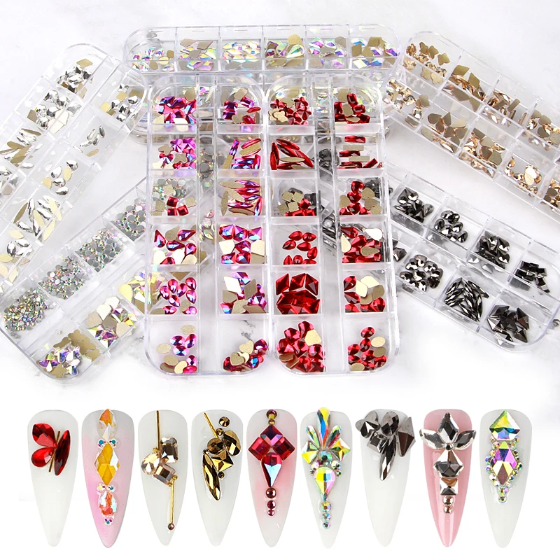 

IMAGNAIL Crystal AB Rainbow Nail Art Mix Shape Fancy Shaped In Box Flat Bottom Glass nail rhinestone art decoration rhinestones, 9 colors