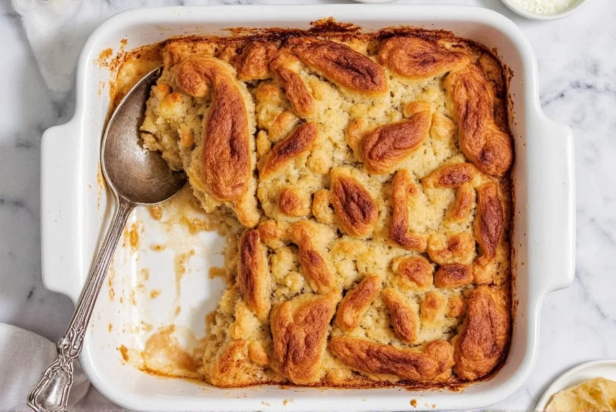 Perfectly golden cinnamon bread pudding with melted butter drizzle and cinnamon dusting on white ceramic dish