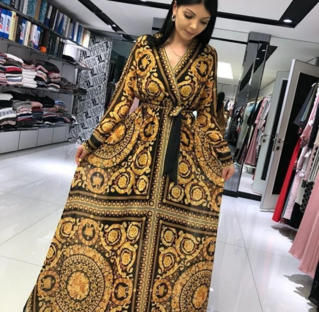 

american style ladies v neck long hand fashion printed long gown with marterial belt