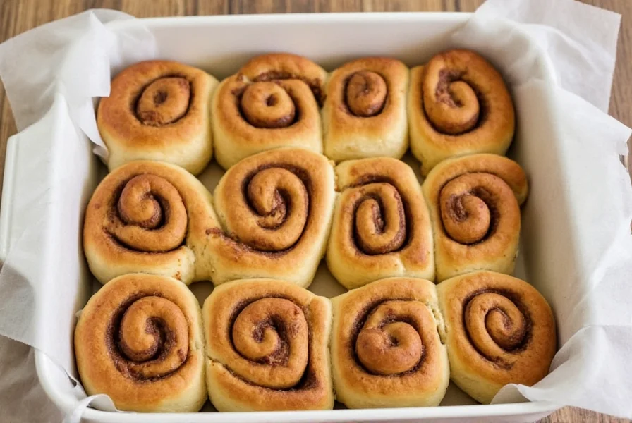 Properly stored cinnamon rolls in airtight container with parchment paper separation