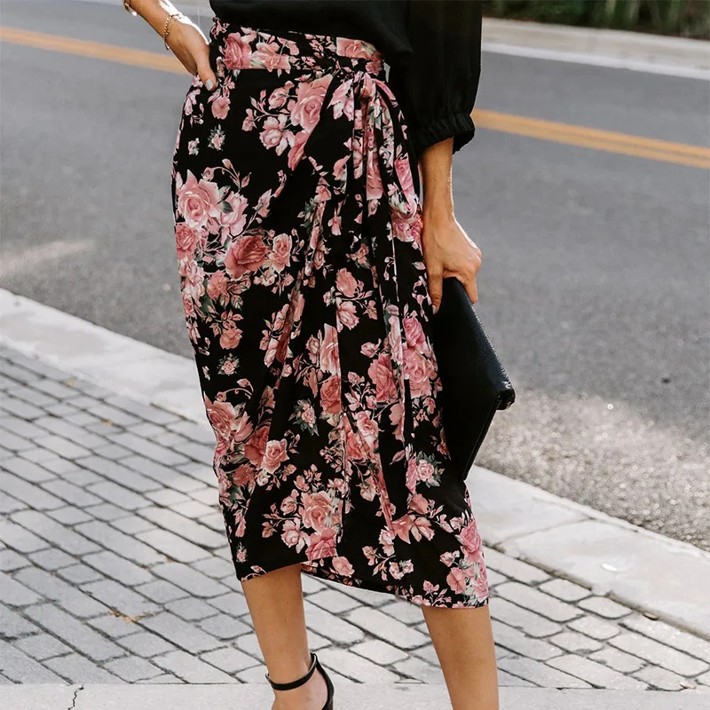 

American women's print split skirt with irregular straps big flower printed saree skirt dress colorful casual skirt dress