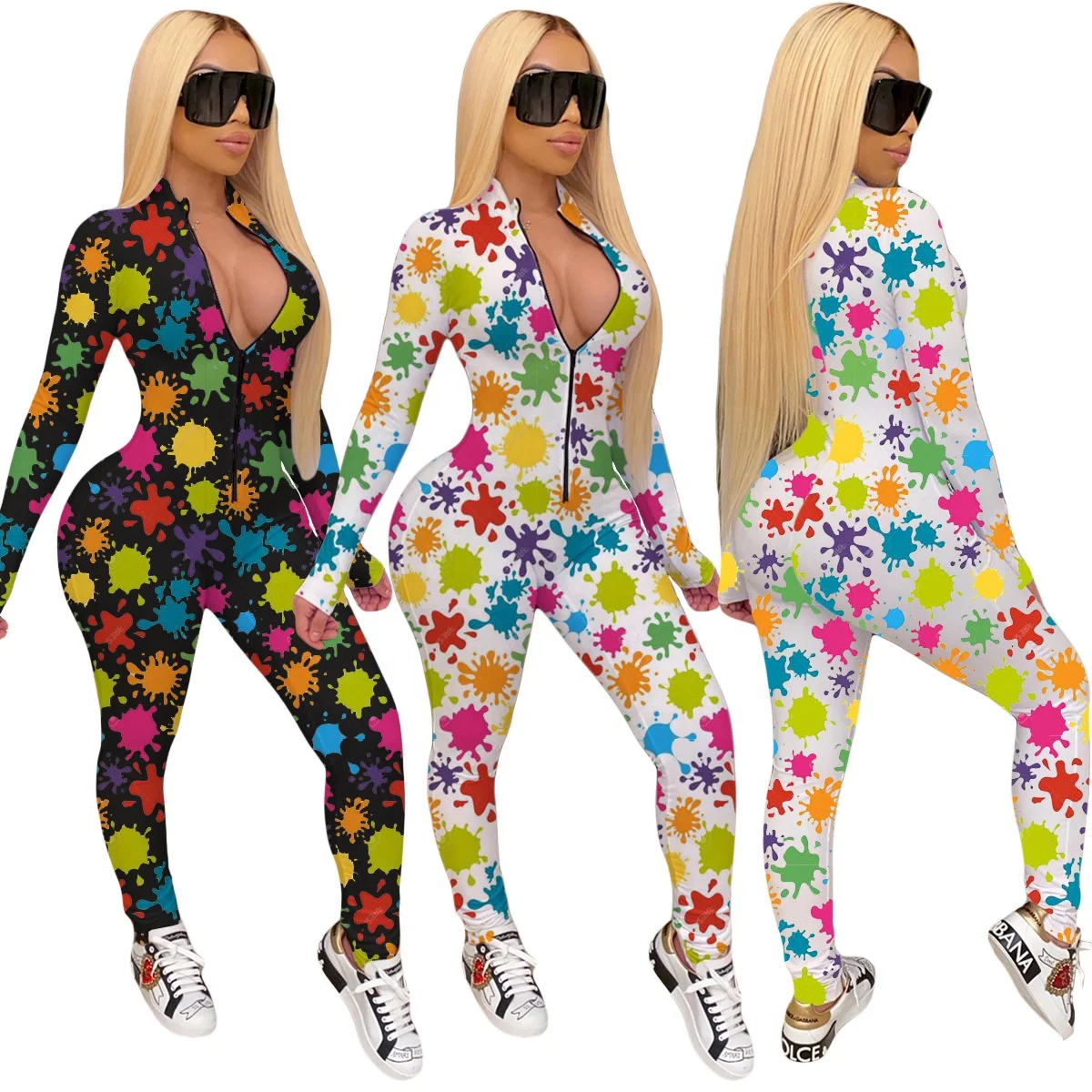 

AI31-5209 Graffiti printed women's deep V sports jumpsuit with zipper long sleeve trousers