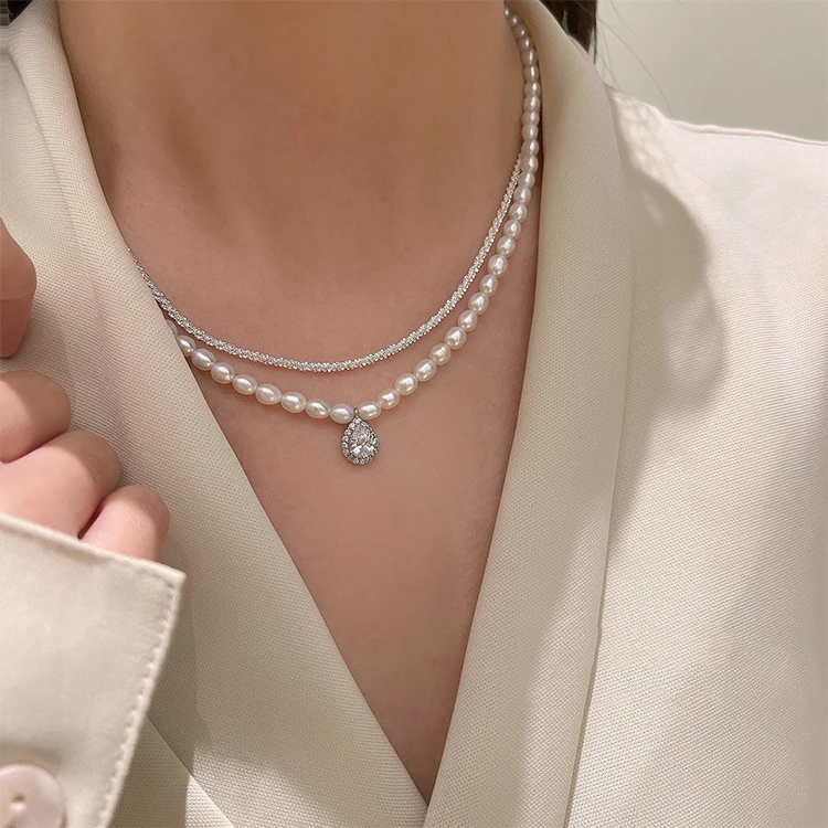 

Luxury Vintage Natural Freshwater Pearl Necklace Jewelry Women Shiny Waterdrop Square Zircon Pendant Double Layer Pearl Necklace