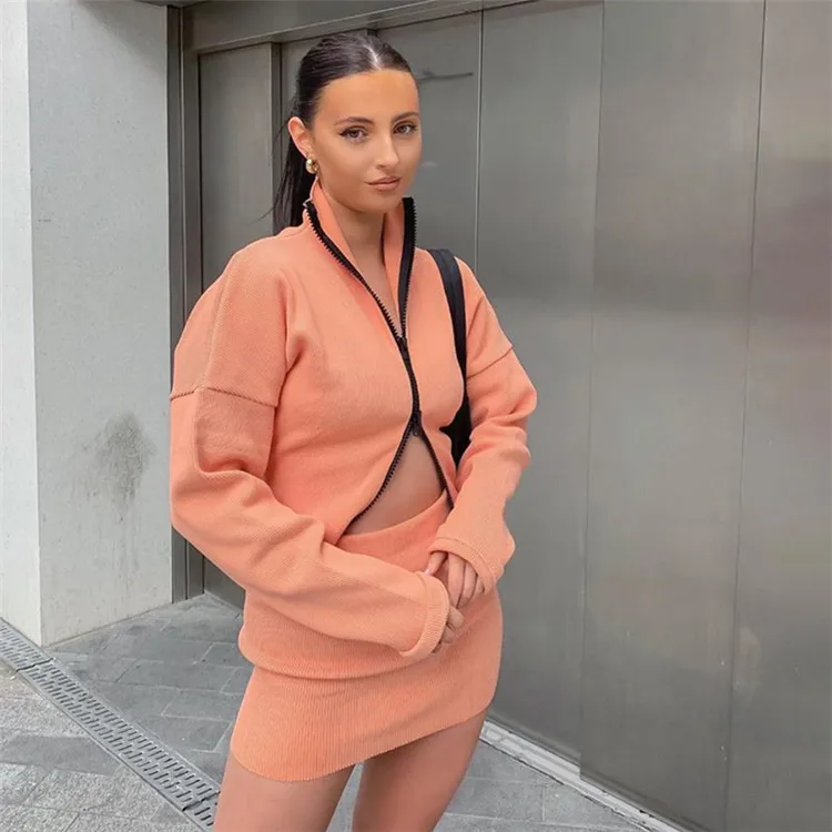

Ribbed Double Zipper Long Sleeve Blouse Two Piece Skirt Set Autumn Two Piece Set Women Pink Two Piece Casual Set Fall