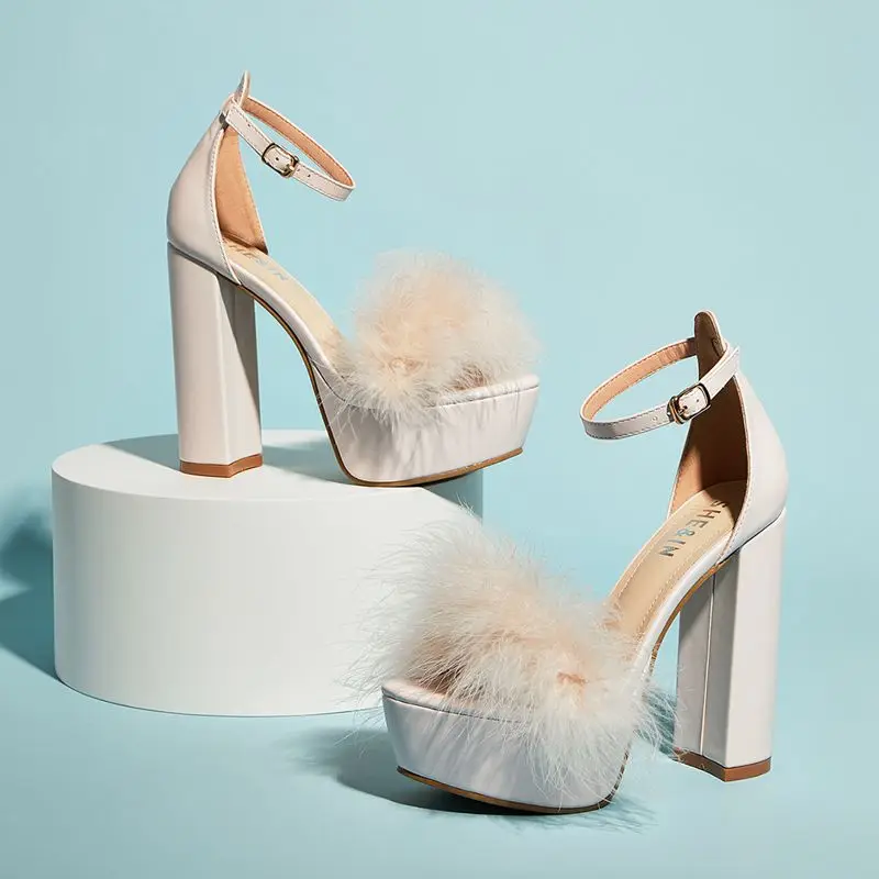 

Faux fur detail high block heel peep toe summer fashion women shoes open toe PU leather ankle wrap lady sandals in white