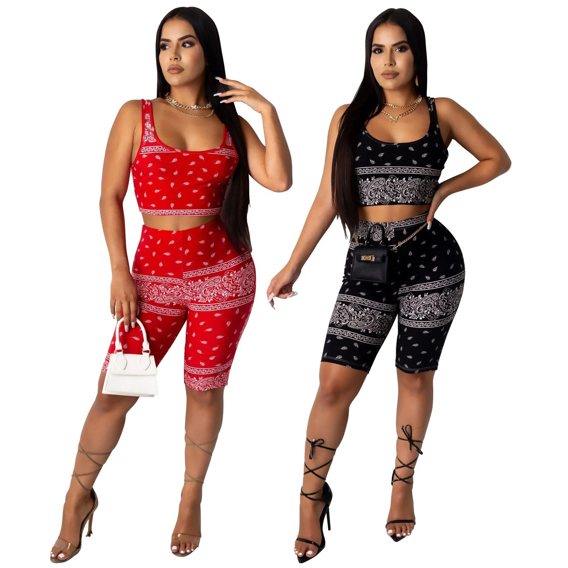 

YD - 6513 in stock printed women two piece joggers short sets summer sleeveless women 2 piece set clothing