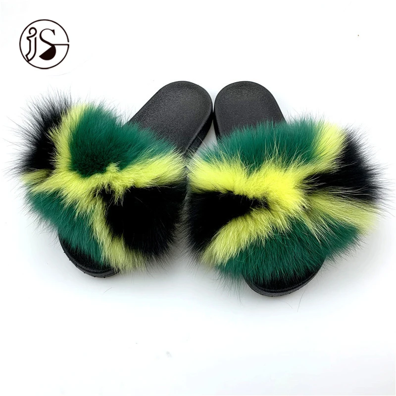 

Wholesale price Stable quality colorful fur slippers stitching outdoor slides for slides Real Fox comfy furry slides 2021, Picture
