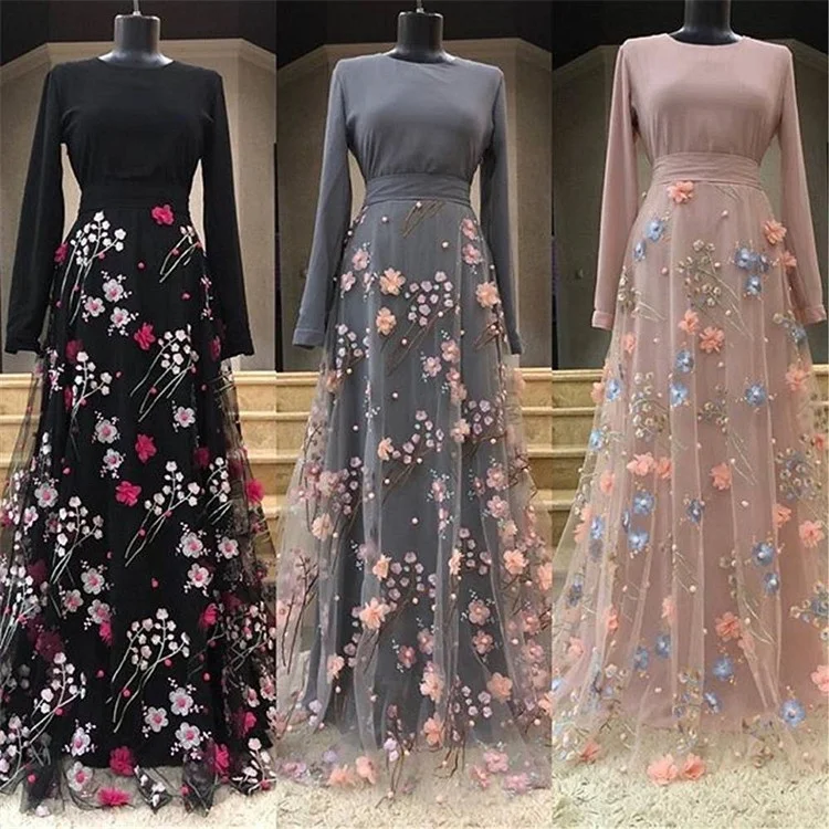 

Latest Dubai Turkey India European American Islam Clothing Floral Abaya Maxi Dresses For Women Muslim Long Dress, 3 colors