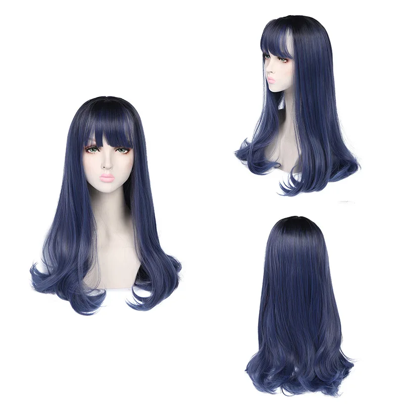 

New Temperament Blue-black Wig Bangs13cm Long 60cm Dyed And Ironed Daily Natural Wig, Pic showed