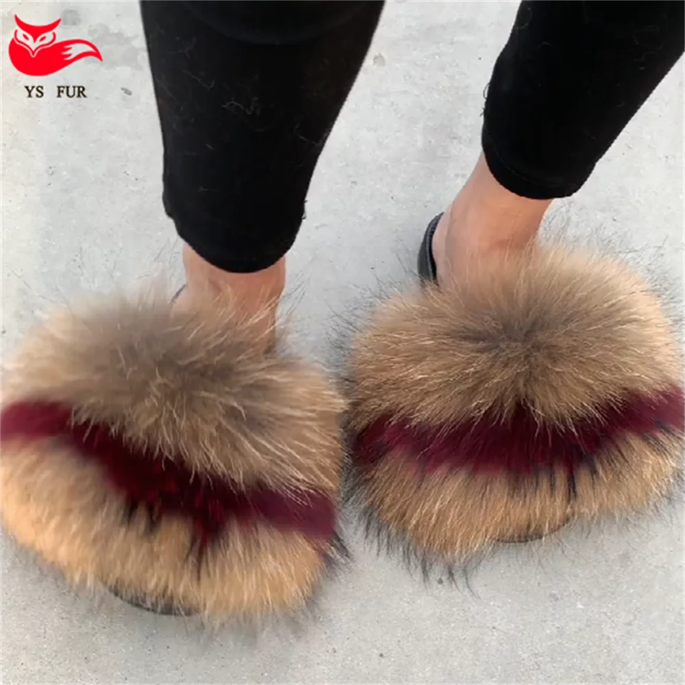 

High quality wholesale slippery fluffy outdoor sandals, furry big raccoon fur slippers, fur slides, Customized color