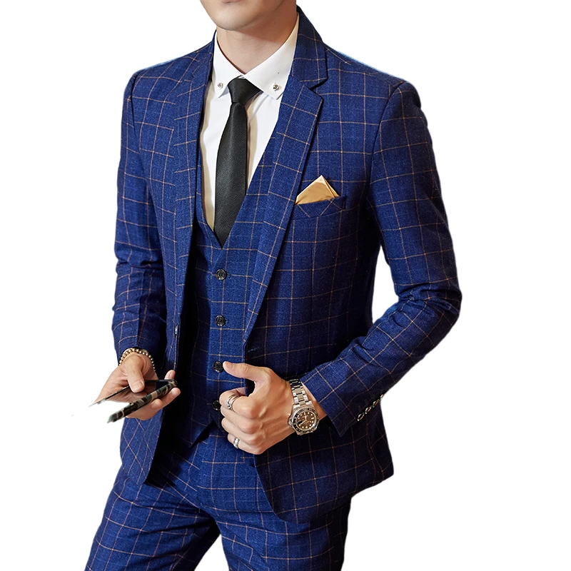 

Latest Designs Blue Mens Suit Thick Slim Fit Plaid Wedding Dress Tuxedos 3 Piece Suits Men