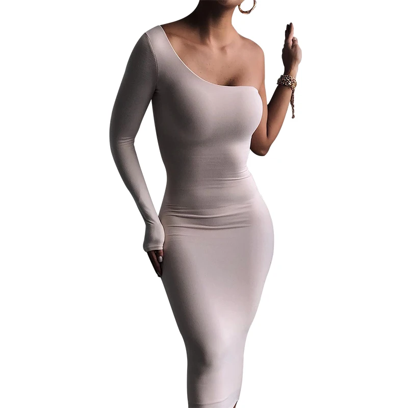 

new arrival women solid one shoulder long sleeve dress sexy bodycon dresses women lady elegant casual dresses