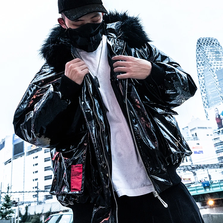 

Good quality fashion patent leather winter couple coat black red windbreaker logo printed fur hooded down jacket
