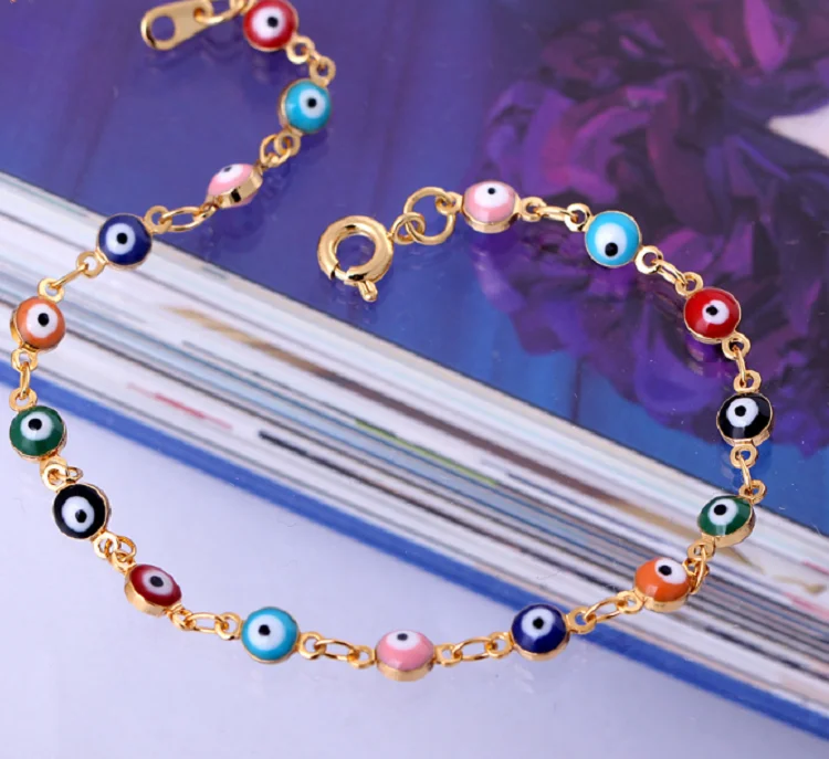

New Hot Sale Gold Chain Blue Light Eyes Beads Charms Bracelet Adjustable Link Chain Eyes Bracelet For Girls Gift