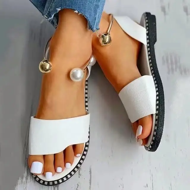 

2021 Women's new fashion peep-toe sandal casual roundy head flat base pearl plus-size sandal everyday outdoor wear, Picture colors