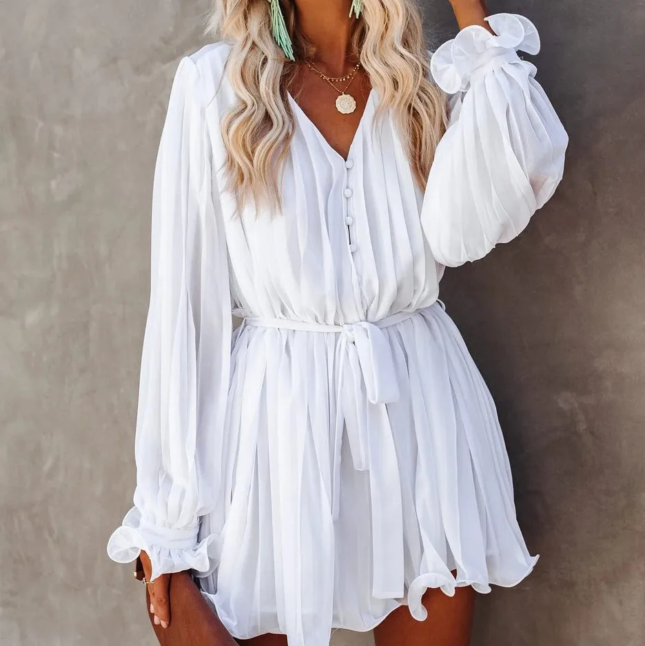 

2021 Fashion Summer Dresses Women Lady Elegant Lace Up V Neck Long Sleeve Ruffle White Chiffon Dress Lady