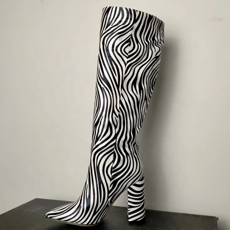 

Fashion Pointed Toe Women Knee High Winter Boots Sexy Chunky High Heel Shoes Comfortable Slip On Zebra Pattern Thin High Boots, Black