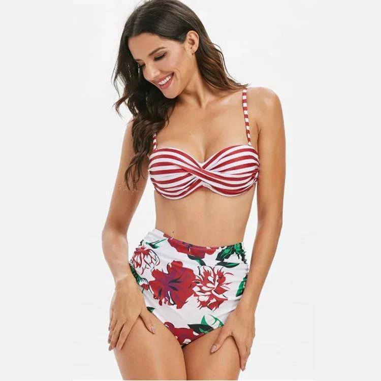 

Explosive striped print high waist hard bag bar bikini love&roses swimsuit rojo swimwear swimsuit