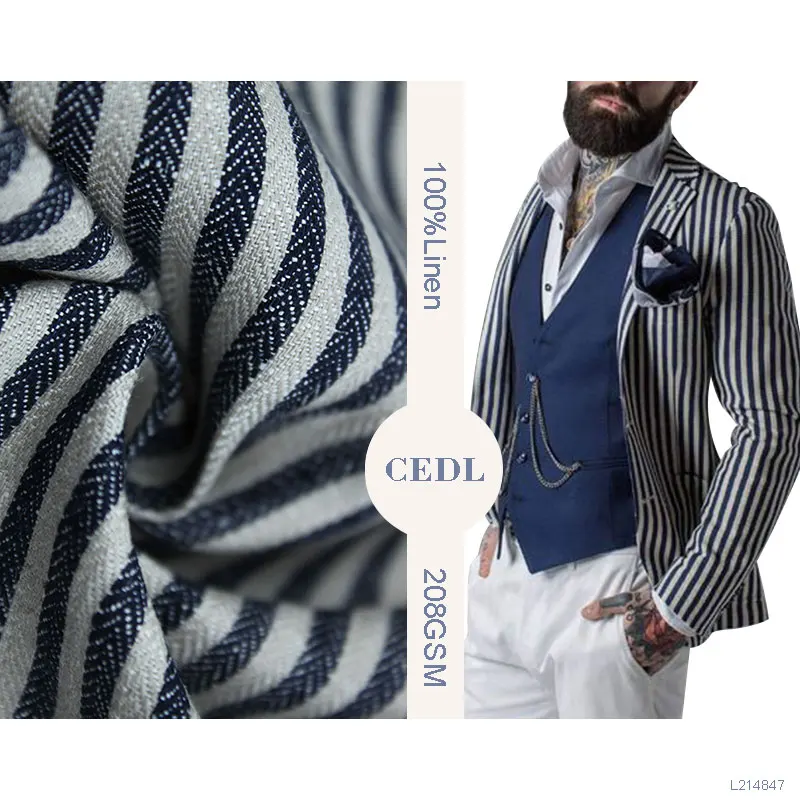 Delicacy Fashionable  100%Linen Yarn Dyed Stripe Fabric for Suit or Coat