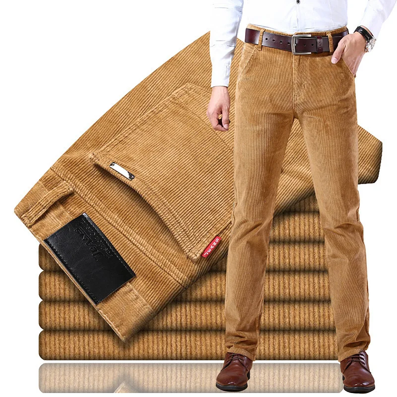 RNSHANGER New Mens Corduroy Casual Pants Business Fashion Solid Color Khaki Coffee Red Elastic Regular Fit Trousers for Male
