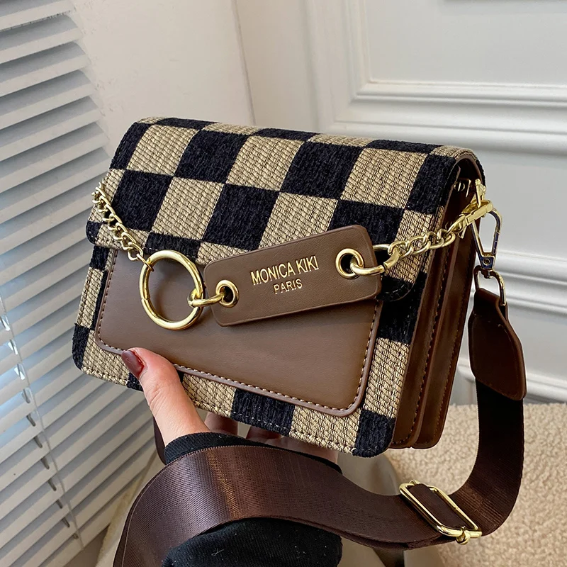 

2022 Checkerboard Small Fabric PU Leather Flap Crossbody Bags for Women Fashion Handbags Lady Shoulder Bags