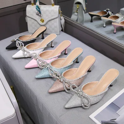 

Glitter Rhinestones Women Pumps Crystal Bowknot Satin Summer Lady Shoes High Heels Party Prom Shoes