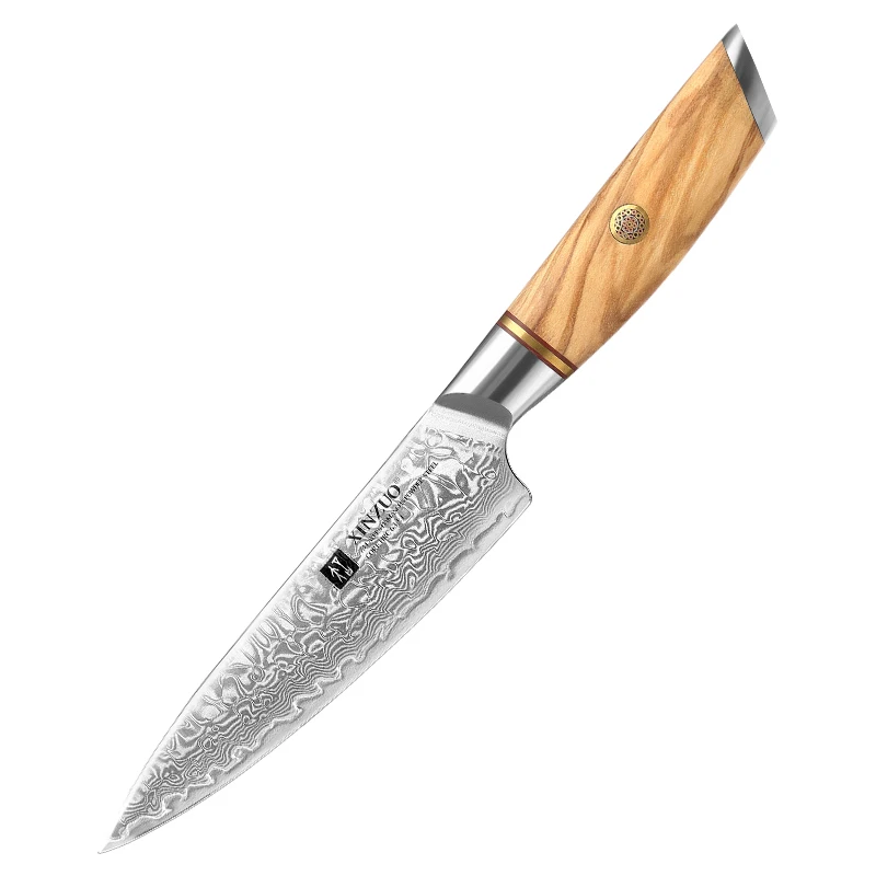 

ODM New Rounded Corner Design 14Cr core Powder Damascus Steel 73 Layers Olive Wood Handle Kitchen Utility Knife