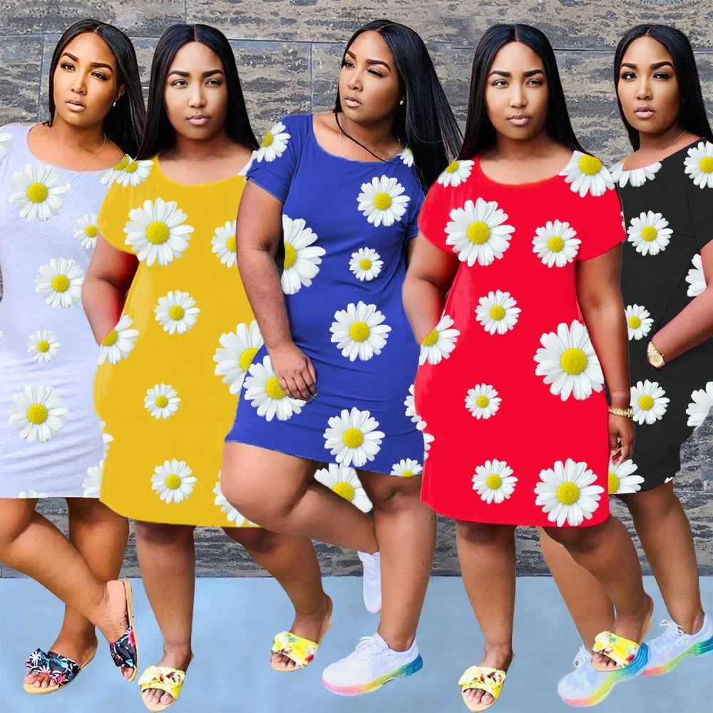 

B61813A European and American casual short - sleeved multi - color dress with round collar